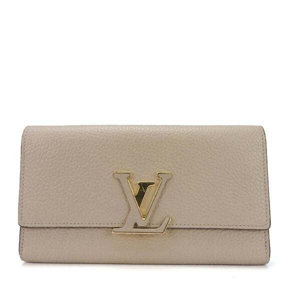 Louis Vuitton Bifold Long Wallet Portefeuille Capucines M61249 Gale Beige Lea...